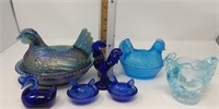 (4) Covered Chicken Dishes, Glass Chickens & Swan