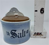 Blue Stoneware Salt Box  w/Wooden Lid
