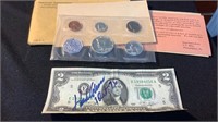 1964 proof set & signed $2 bill