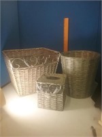Three piece silver painted bathroom basket set