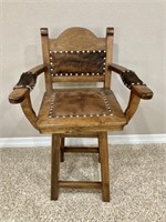 Western Solid Wood & Cowhide Bar High Swivel Chair