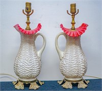 Pair of Fenton ruffled pitcher lamps