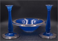 Blue glass with silver overlay console set