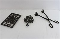 Trio of Cast Iron Trivets & Tongs