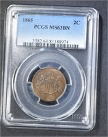1865 2-CENT PIECE PCGS MS-63 BN LOOKS RED/BROWN