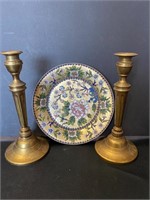 Brass Candlesticks & Decorative Plate