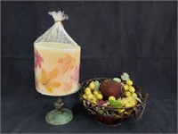 Fall Leaf Candle w/Stand+ Metal Bowl w/Fruit