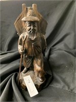 Wooden Carved Asian Man with Backpack