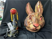 Vtg. Rabbit Mask and Tin Elephant