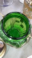 Vintage green glass biscuit jar w/music box lid