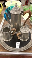 Steiff pewter teapot cream & sugar w/tray