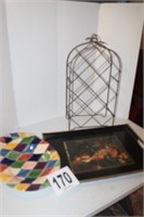 Painted Tray With Handles, Metal Wine Bottle