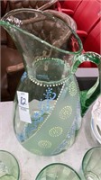 Antique Hand painted green glass pitcher &