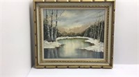 Original oil painting of a snowy water scene with
