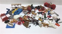 Vintage toy lot: includes horses, fencing, fire