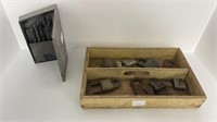 Drill bits in metal case, small wood box with