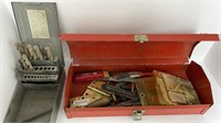 Vintage metal toolbox with contents and drill