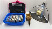 Puma lunchbox, cassette tapes, wooden bicycle,