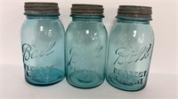 (3) blue Ball mason jars