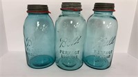 (3) large blue ball mason jars with zinc lids