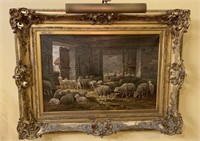Ceramano b. 1829 Sheep Inside a Barn Oil Painting