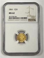 1860 $1 Indian Princess Head Gold NGC MS62
