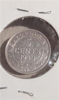 1940 NFLD Sterling 5 Cents VF30