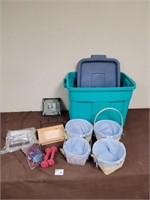Bin with weights, baskets, and crafting items