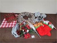 Christmas stocking, wreath, flowers