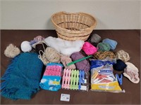 yarn, clothes pins, basket, etc