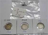 3 Assorted V Nickels worth $2.25 each