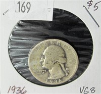 1936 Washington Silver Quarter- VG8