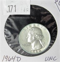 1964 D Washington Silver Quarter- unc