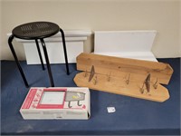 Mail box, stool, coat hooks, shelfs