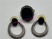 Sterling silver black stone earrings & ring sz 8