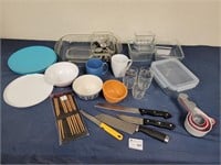 Glass dishes, knives, baking dishes, etc