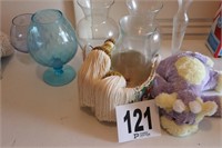 Glass Vases, Basket, Stuffed Animal And