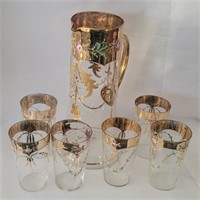 HAND BLOWN JUG AND  SIX GLASSES