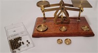 ENGLISH BRASS AND WOODEN SCALE WITH WEIGHTS