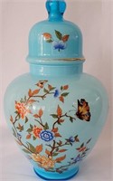 BLUE GLASS PAINTED URN WITH LID