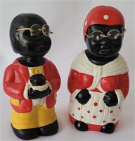 TWO PAINTED BOBBLE HEAD POTTERY COIN BANKS