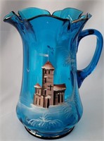HAND BLOWN AND PAINTED BLUE GLASS JUG