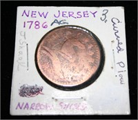 1786 New Jersey Narrow Shield Curved Plow Coin