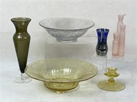 Glass Bowls, Vases and Single Candlestick 6 Pieces