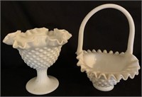 2 Pieces Fenton Hobnail:  Basket, Compote