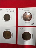 1860s two cent pieces and 1881 Indian head penny