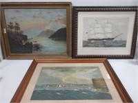 3 PIECES ART WORK 2 SHIPS , OIL ON BOARD LAKE