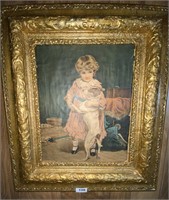 girl with dog in golden frame