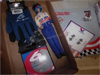 Nascar fixture glass, gloves, doll & calendar
