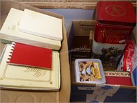 2 boxes tins & asst. books & albums